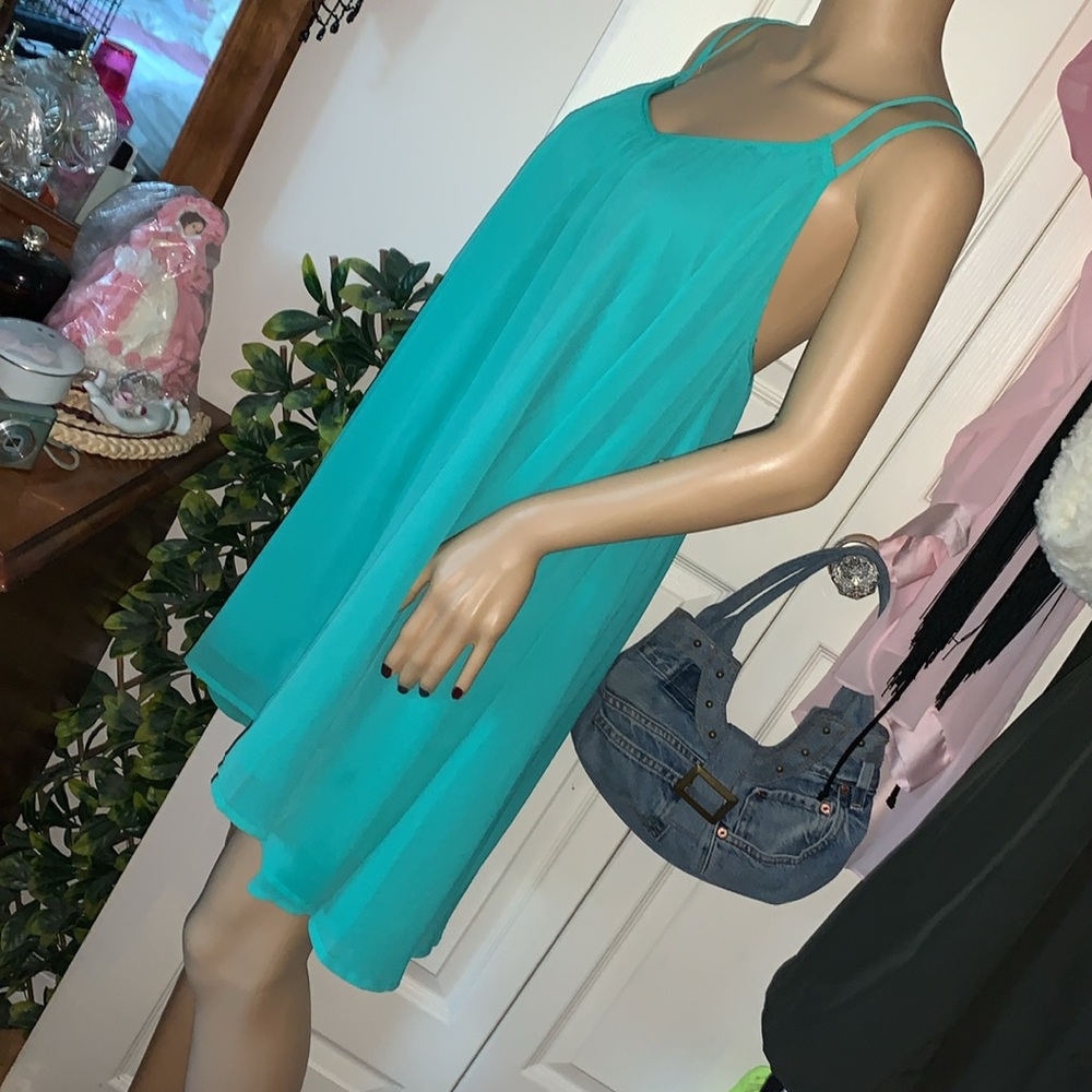 Teal turquoise sheer strappy backless babydoll trapeze mini dress S M